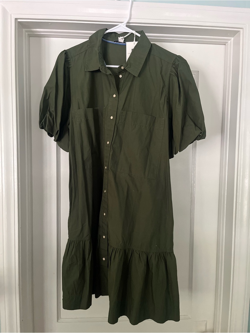 Puff-Sleeve Shirt Dress in Olive Green